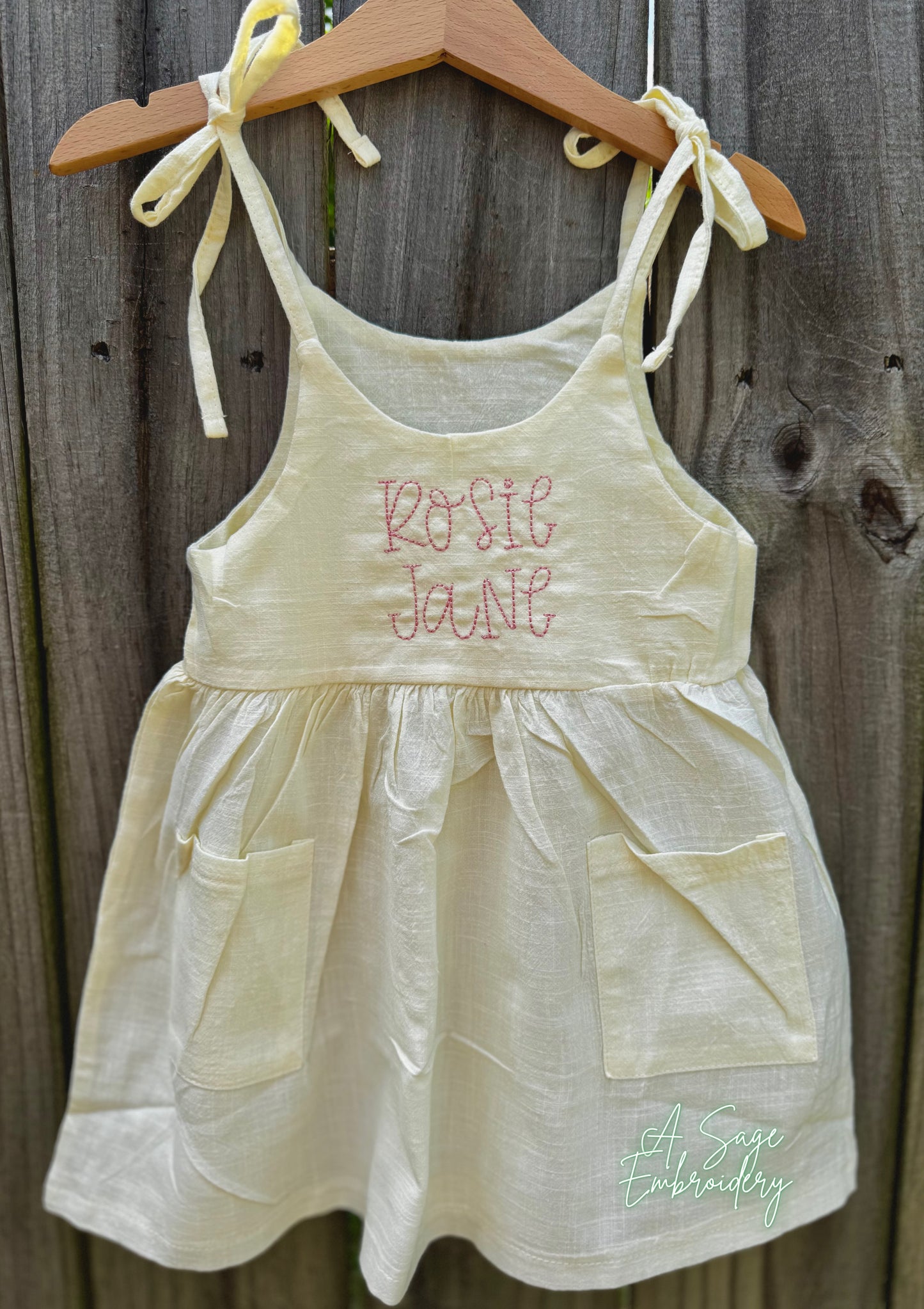 Embroidered girls linen dress, floss embroidery font, custom personalized linen dresses for toddler, baby, youth girls, girls cute spring