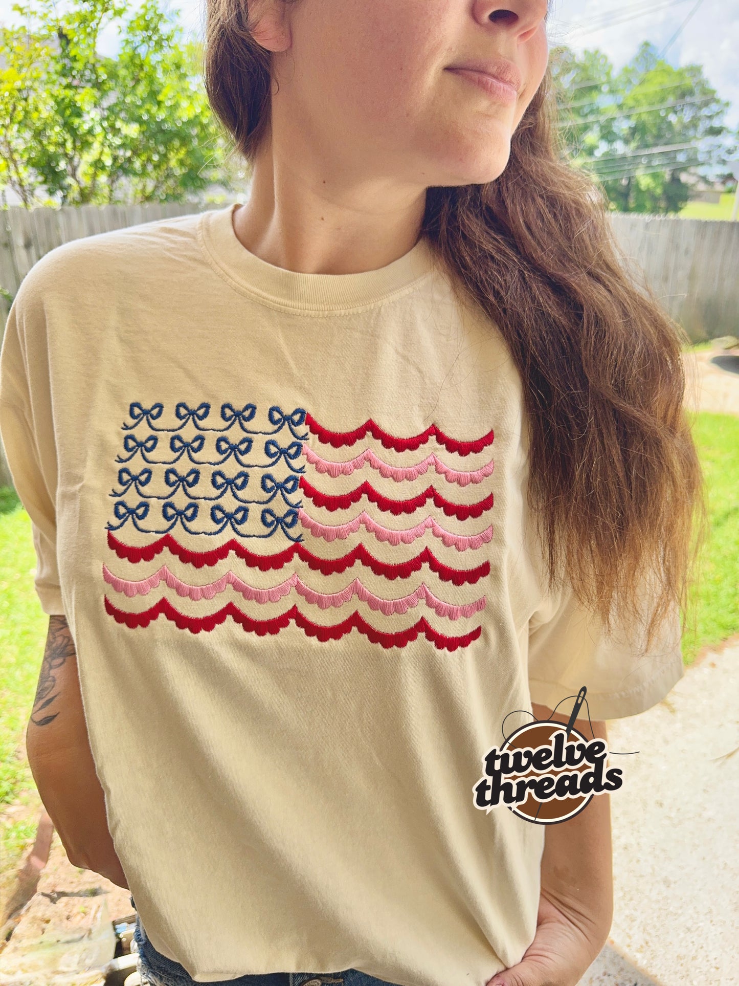 Couquette bow flag, patriotic t shirt, applique quilts design t shirt, American flag, USA, 4th of July, Memorial Day, American tee, comfort