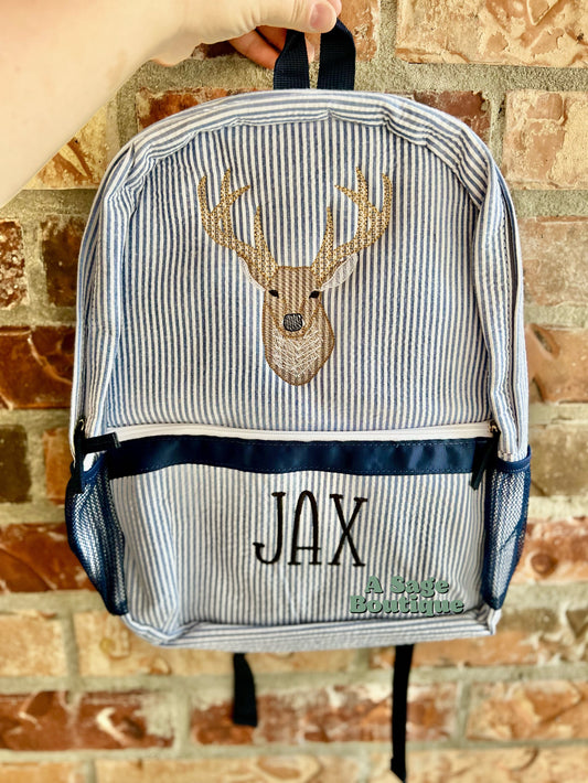 Embroidered Seersucker backpack - deer - deer season - kids backpack - diaper bag - adult backpack - embroidered backpack - embroidery