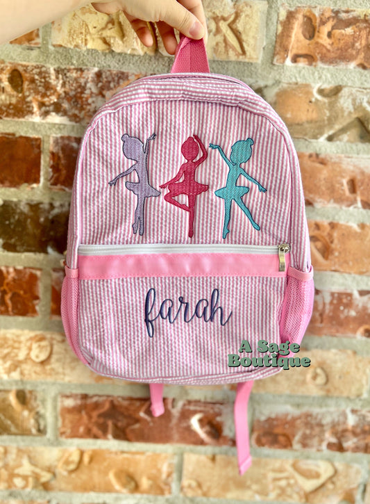 Dancer - ballet - ballerina - seersucker back pack - diaper bag - kids bag - toddler backpack - embroidered backpack - personalized bag