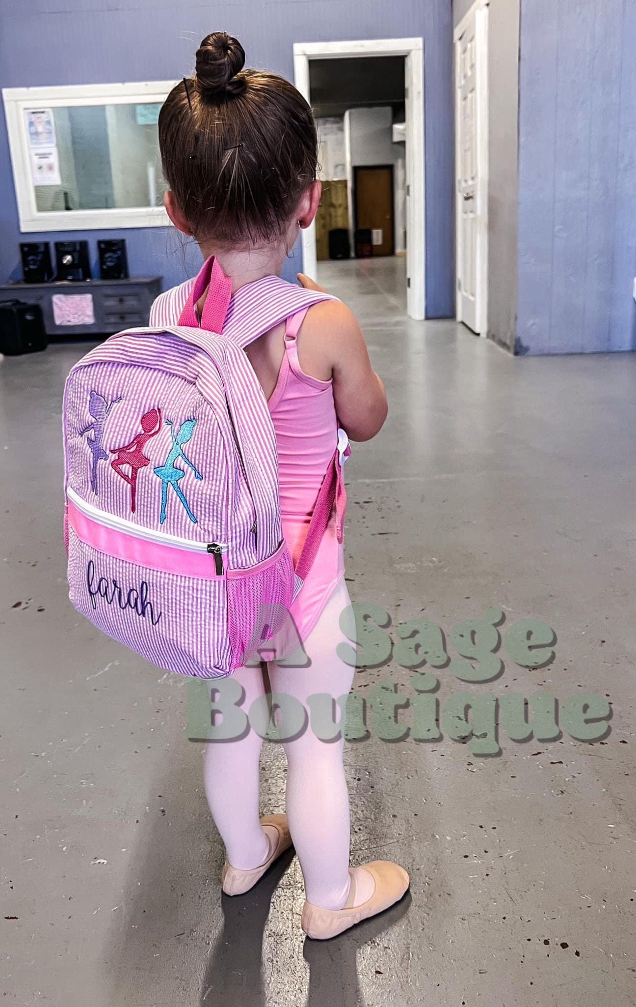 Dancer - ballet - ballerina - seersucker back pack - diaper bag - kids bag - toddler backpack - embroidered backpack - personalized bag