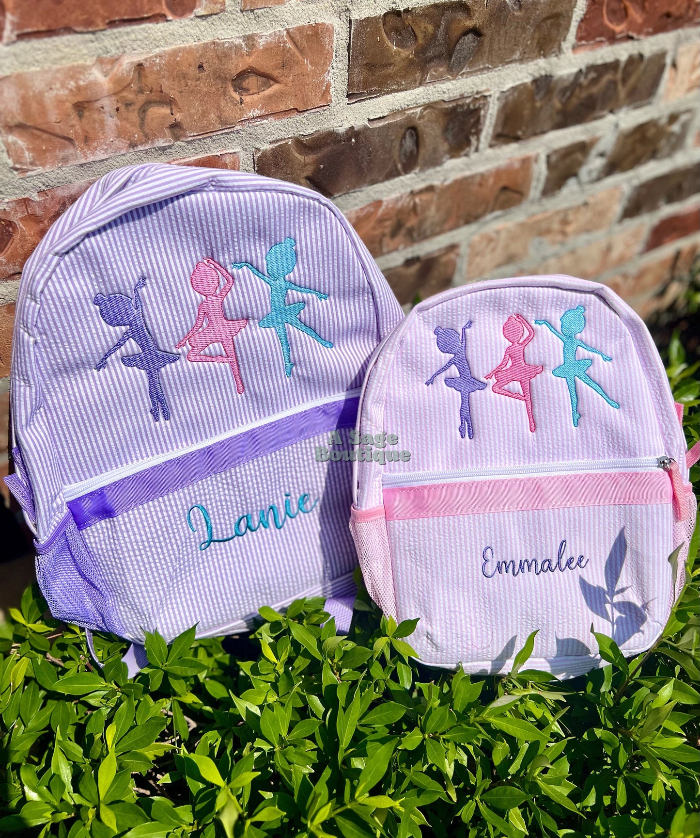 Dancer - ballet - ballerina - seersucker back pack - diaper bag - kids bag - toddler backpack - embroidered backpack - personalized bag