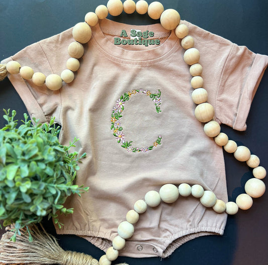 Embroidered kids t shirt/bubble romper - floral initial - bubble romper - t shirt - baby romper - flower embroidery