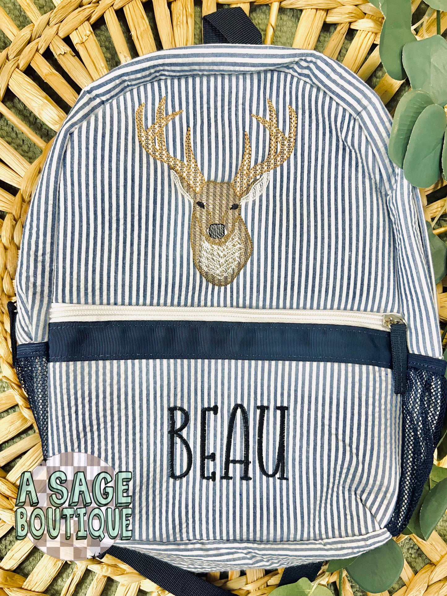 Embroidered Seersucker backpack - deer - deer season - kids backpack - diaper bag - adult backpack - embroidered backpack - embroidery