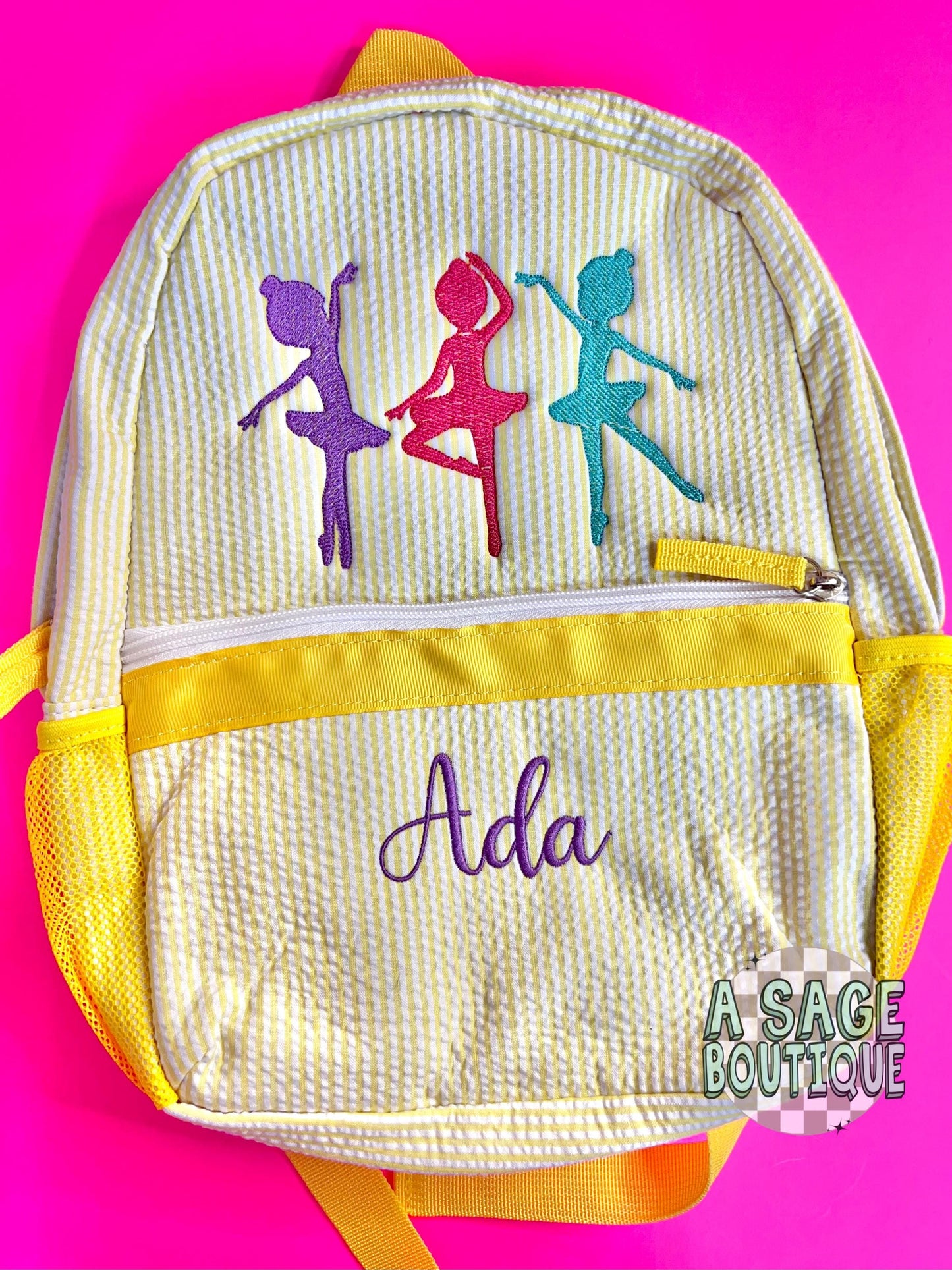 Dancer - ballet - ballerina - seersucker back pack - diaper bag - kids bag - toddler backpack - embroidered backpack - personalized bag