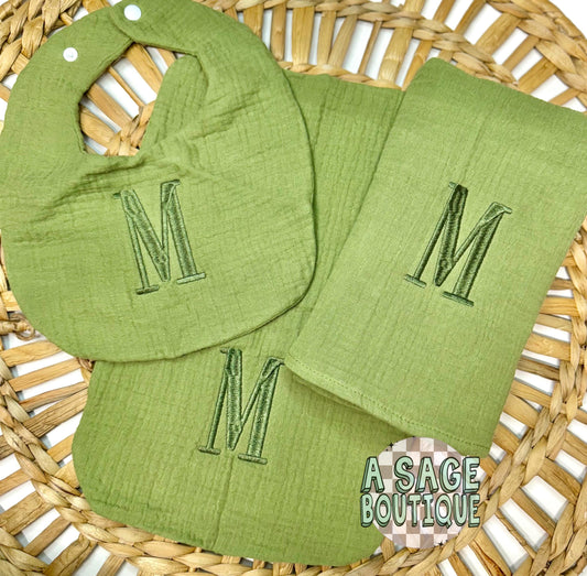Initial baby bib set - swaddle - burp cloth - baby items - monogram - embroidered bibs - baby shower gift - baby registry- bib sets - babies