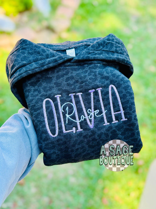 Embroidered double name hoodie / black leopard / vintage camo / embroidered kids hoodie / toddler hoodie / embroidery / custom name