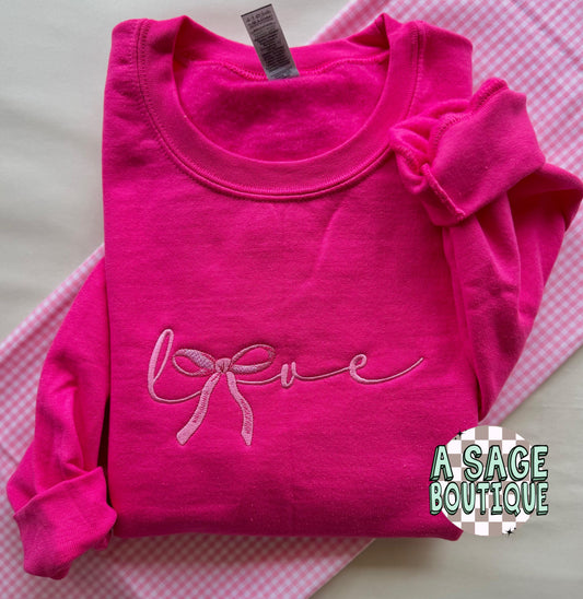 Embroidered coquette bow, love design, embroidery, girly sweatshirt, comfort colors t shirt, embroidered, youth girls t shirt, pink, love