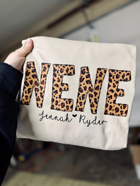 Cheetah Family Name - custom- mama- nene- mamaw-Mimi-aunt-sister-brother-leopard-t shirt- sweatshirt - tan - white - tete- auntie - Gigi