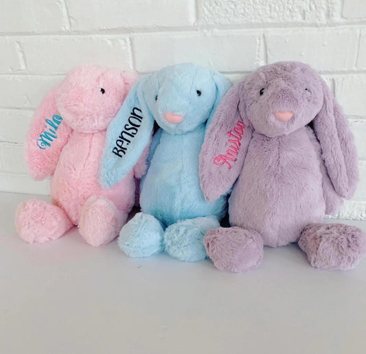 Embroidered Bunny plushies, Easter bunny, customized bunny, plush bunny, embroidery, embroidered name on the ear, Easter basket gift, name