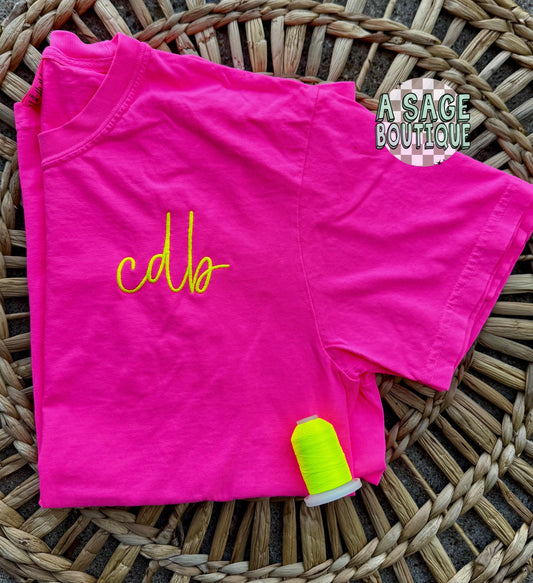 Monogram Comfort Color neon t shirt, unisex fit t shirt-monogram-neon thread - neon embroidery - monogram embroidery - custom-personalized