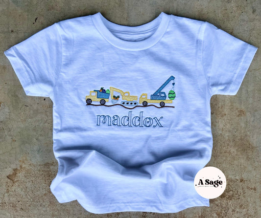 construction easter embroidered t shirt - embroidered kids Easter - kids construction embroidered design - custom monogram - Easter monogram