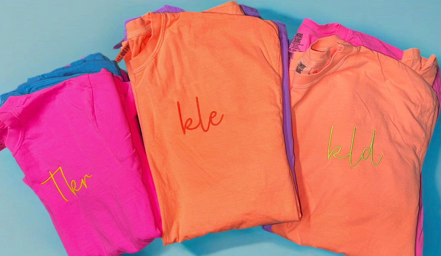 Monogram Comfort Color neon t shirt, unisex fit t shirt-monogram-neon thread - neon embroidery - monogram embroidery - custom-personalized
