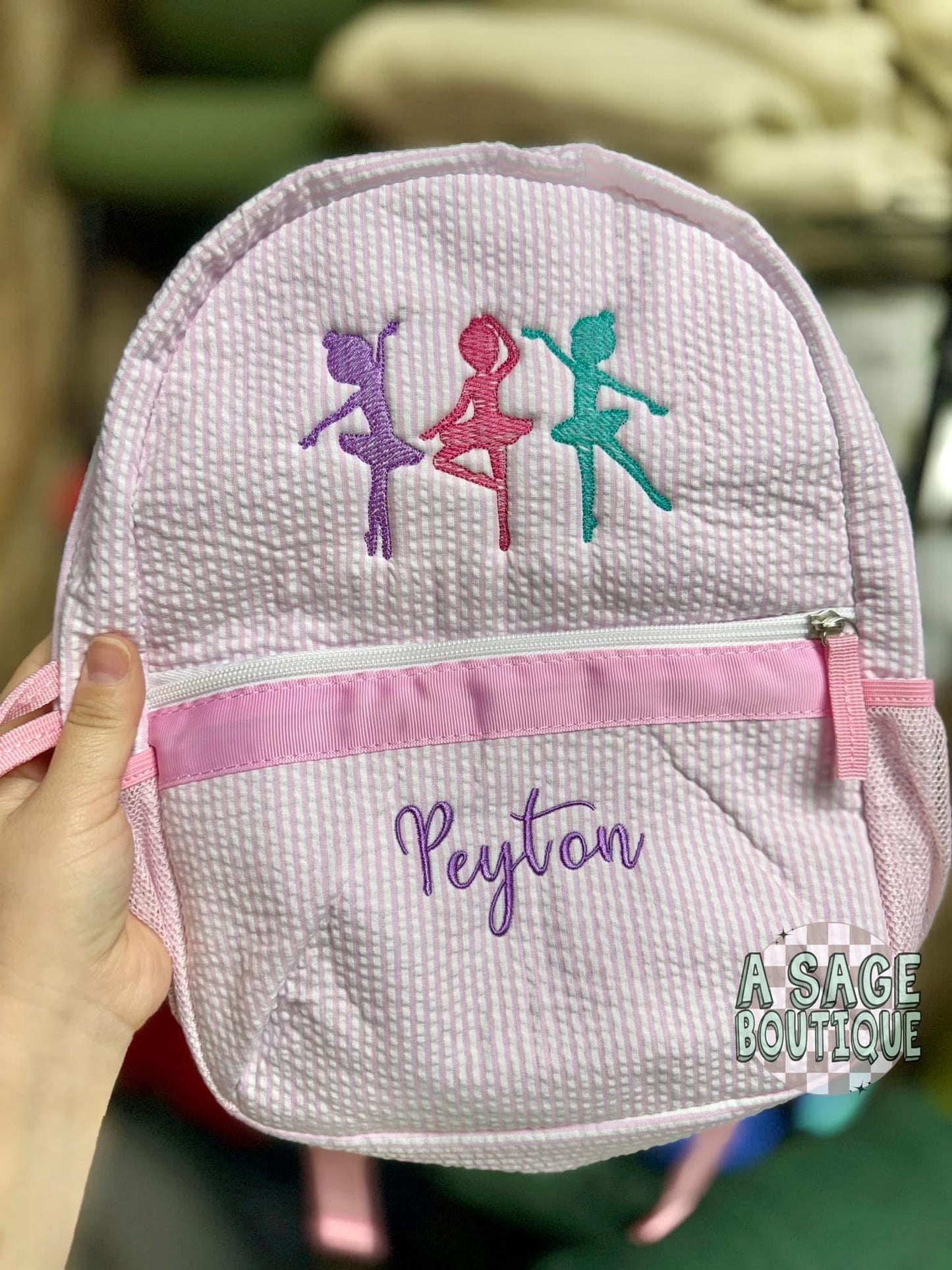 Dancer - ballet - ballerina - seersucker back pack - diaper bag - kids bag - toddler backpack - embroidered backpack - personalized bag