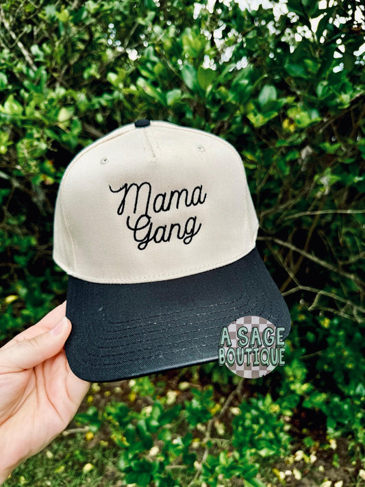 Embroidered mama gang Otto cap, 5 panel Otto cap, trucker hat, custom embroidery, embroidery trucker hat, monochrome look