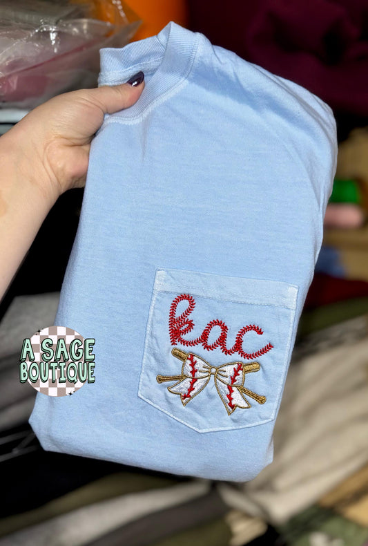 Coquette bow baseball and softball comfort color pocket tee, embroidered monogram, laces font, embroidery, ball season mom tee, comfort tee