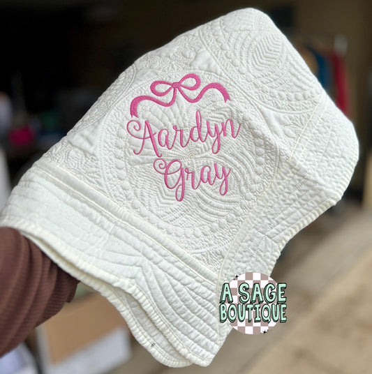 Embroidered coquette bow heirloom quilt with custom monogram, personalized baby blanket, baby gir quilt, embroidered custom heirloom blanket