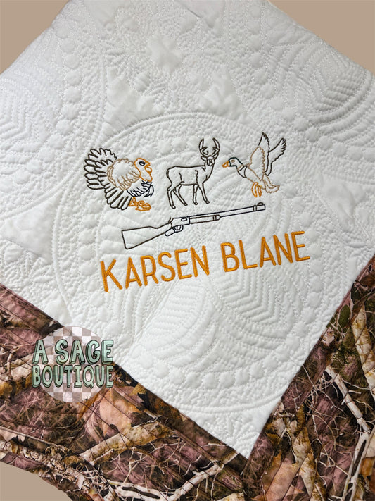 Embroidered hunting heirloom quilt with custom monogram, personalized baby blanket, baby boy quilt, embroidered custom heirloom blanket