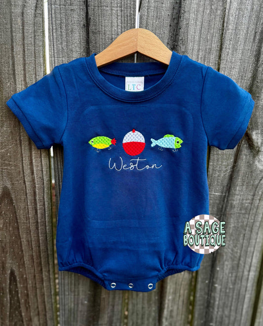 Embroidered fish and cork - Bubble or T shirt - embroidery - fishing - bass - water - kids bubble romper - kids t shirt - kids embroidery