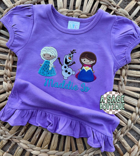 Embroidered custom ice princess girls ruffle shirt, Olaf, personalized princess ruffle sleeve top, applique embroidery, applique princess