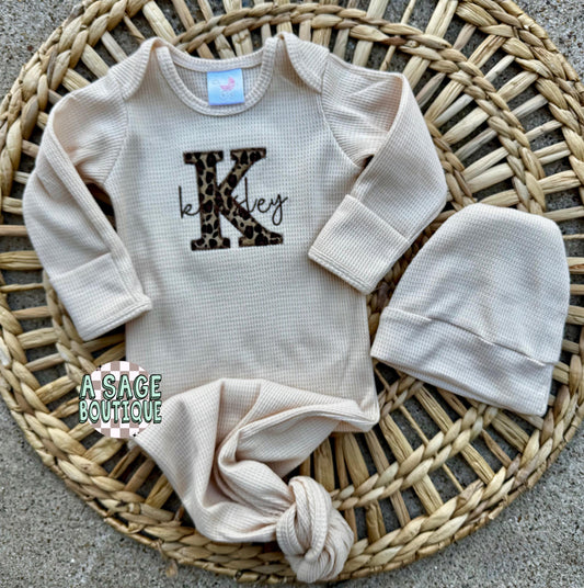 Embroidered applique infant newborn gown, leopard cheetah applique with cursive name, personalized custom infant baby gown, baby gift, baby