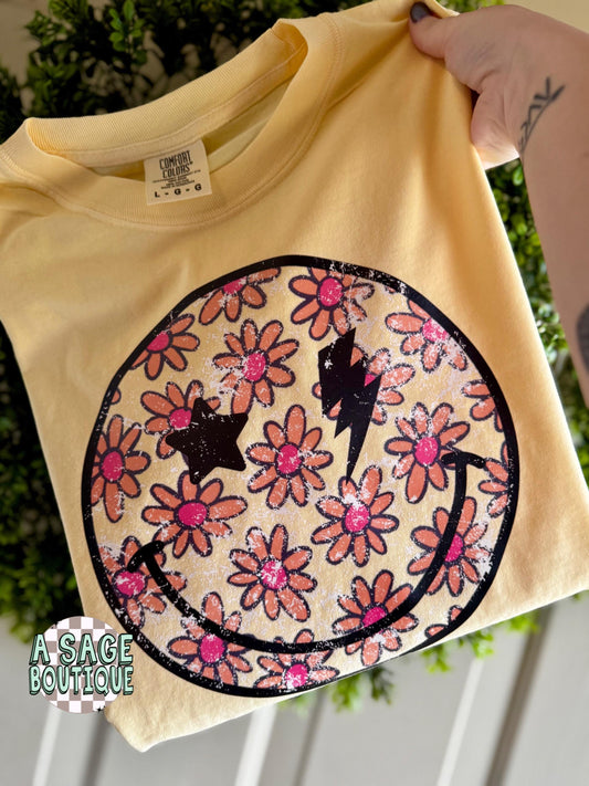 Retro Distress Smiley - graphic t - floral - smiley face - hot pink - flowers - retro design - distressed smiley - screen print - comfort