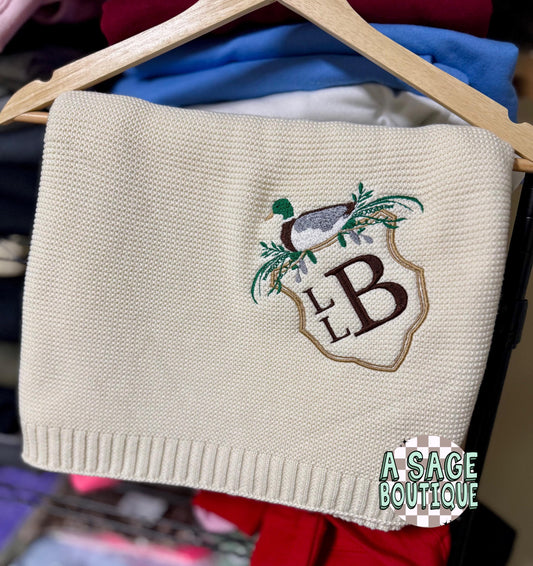 Embroidered crested mallard knitted blanket quilt with custom monogram, personalized baby blanket, baby quilt, embroidered custom blanket