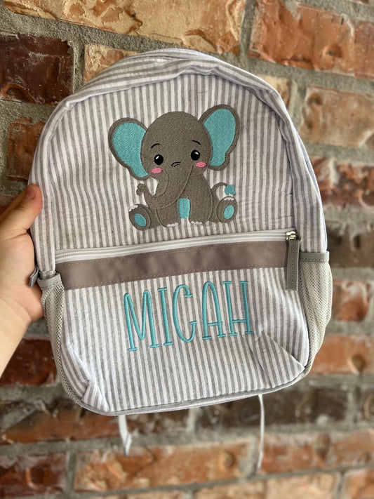 Embroidered Seersucker backpack - diaper bag- elephant - kids backpack - diaper bag - adult backpack - embroidered backpack - embroidery