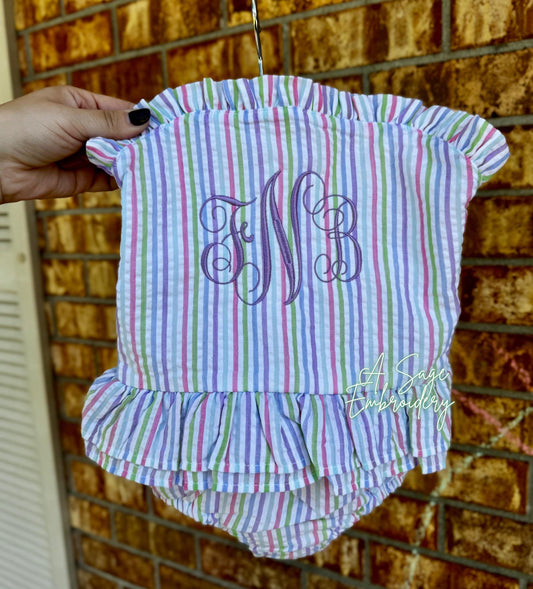 Seersucker one peice swimsuit and swimming trunks with monogram embroidery, embroidered seersucker swim, kids swim wear, embroidered custom
