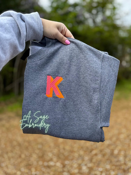 Shadow initial monogram t shirt crewneck, pocket placement embroidered initial, embroidered monogram, custom thread, neon embroidery, colors