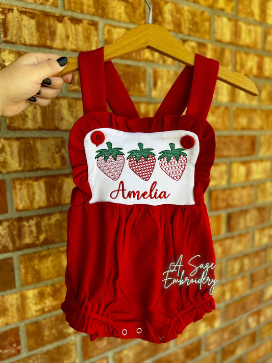 Personalized triple strawberry embroidered sunsuit bubble romper, embroidered strawberry design, custom name sunsuit, criss cross back