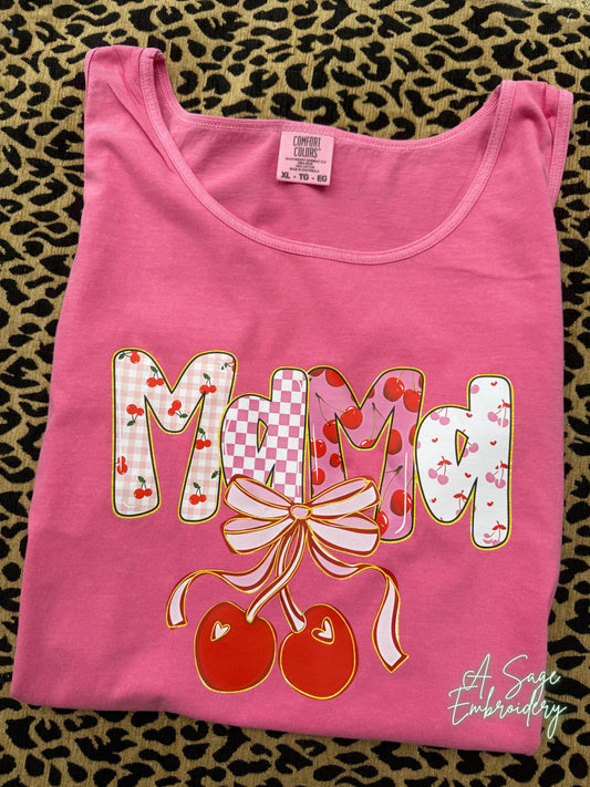 Mama on comfort colors, Gildan, tank top summer, mama cherries, cherry preppy mama dtf design, unisex fit, floral striped mama, coquette bow