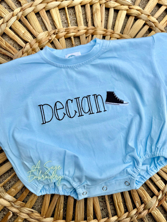 Embroidered name with sneaker, skater, converse and vans, baby boy or baby girl, embroidered name, monogram bubble romper, baby gift, shower