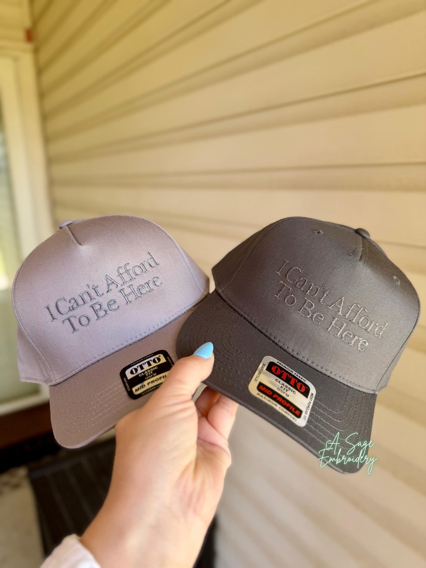 Embroidered I can’t afford to be here Otto cap, 5 panel Otto cap, trucker hat, custom embroidery, embroidery trucker hat, monochrome look