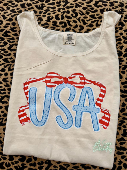 USA on comfort colors, Gildan, tank top summer, mama, preppy USA DTF design, unisex fit, 4th of July, coquette bow, Memorial Day t shirt