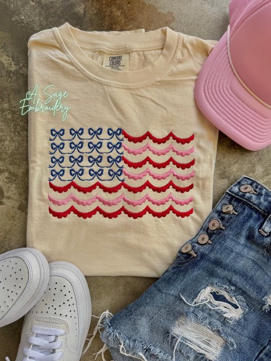 Couquette bow flag, patriotic t shirt, applique quilts design t shirt, American flag, USA, 4th of July, Memorial Day, American tee, comfort