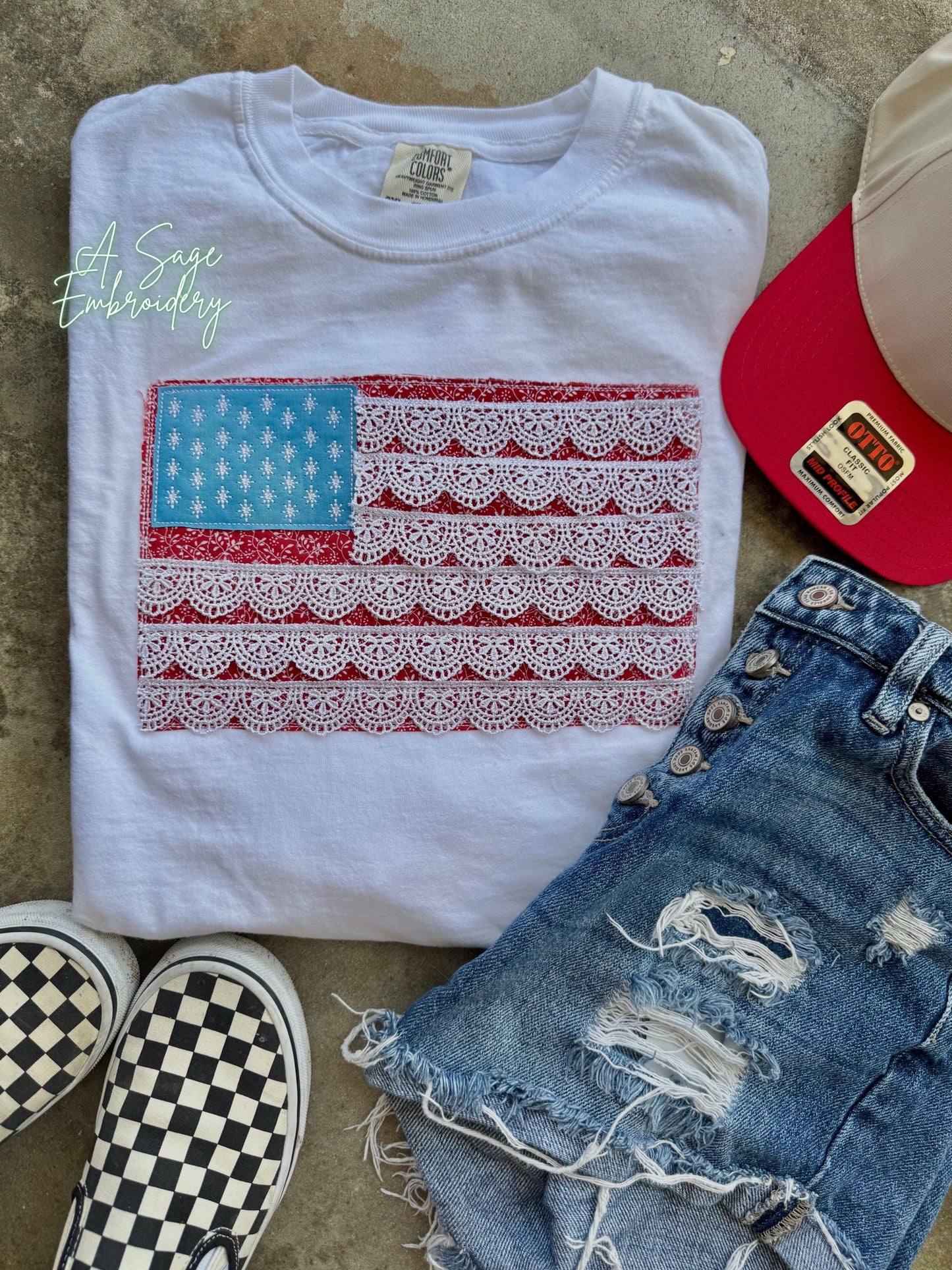Lace trim flag, patriotic t shirt, applique quilts design t shirt, American flag, USA, 4th of July, Memorial Day, American tee, comfort