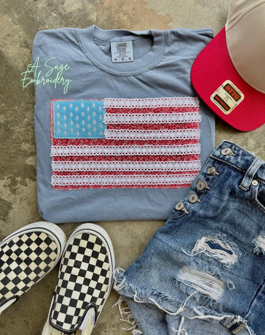 Lace trim flag, patriotic t shirt, applique quilts design t shirt, American flag, USA, 4th of July, Memorial Day, American tee, comfort
