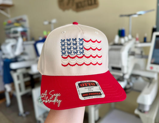 Embroidered USA flag Otto cap, 5 panel Otto cap, trucker hat, custom embroidery, embroidery trucker hat, patriotic, scalloped flag
