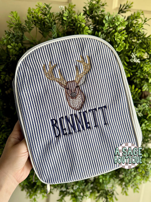 Deer seersucker lunch box - embroidered lunchbox - personalized - monogram - seersucker - lunch box - backpack - back to school - kids lunch