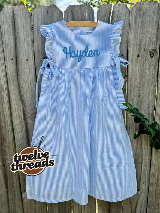 Seersucker side tie dress with custom embroidery, personalized girls seersucker dress, monogram, custom embroidered girls dress, seersucker