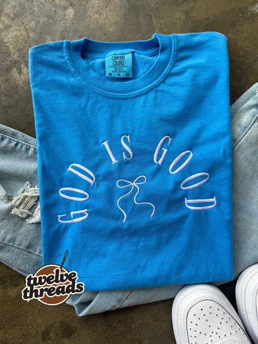 God is good, coquette bow, embroidered comfort colors, Jesus, embroidery, crewneck, God, Christian, faith