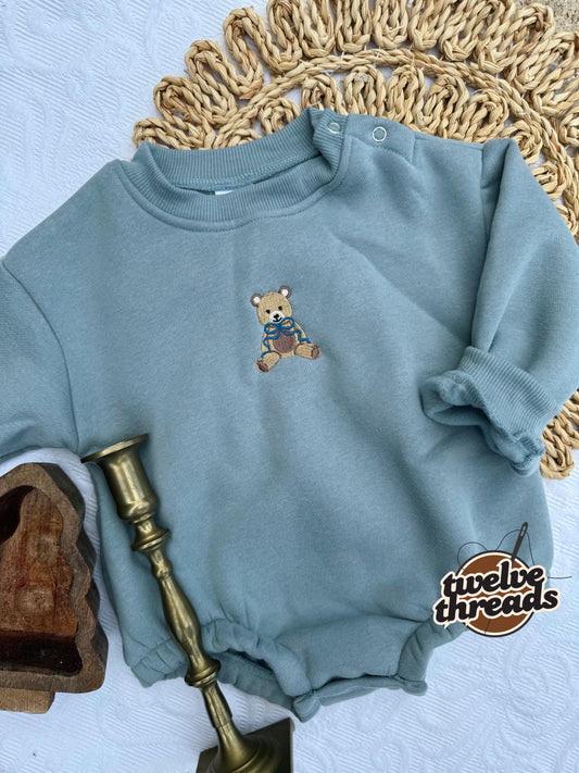 Tiny teddy bear with custom bow, baby bubble romper, embroidered teddy bear, embroidery, custom bubble, kids tales, bear sweatshirt crewneck