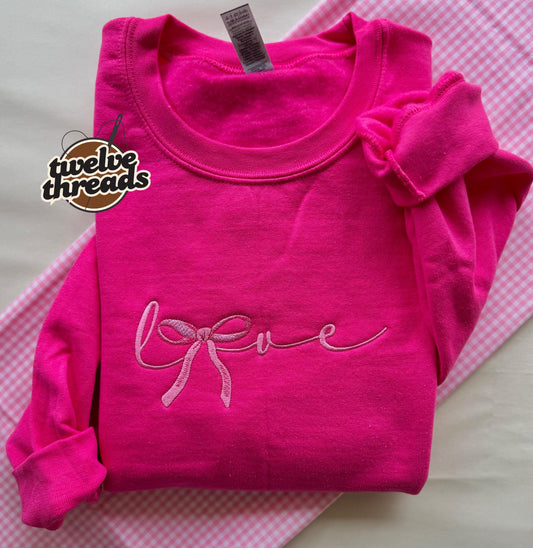 Embroidered coquette bow, love design, embroidery, girly sweatshirt, comfort colors t shirt, embroidered, Valentine’s Day, vday, pink, love