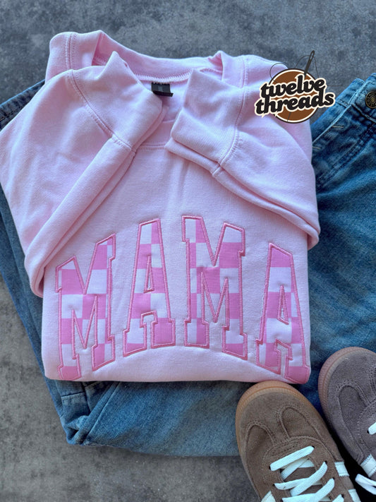 Pink checkered applique name, embroidered applique design, embroidery, pink, trendy checkered, comfort colors and Hanes and Gildan crewneck