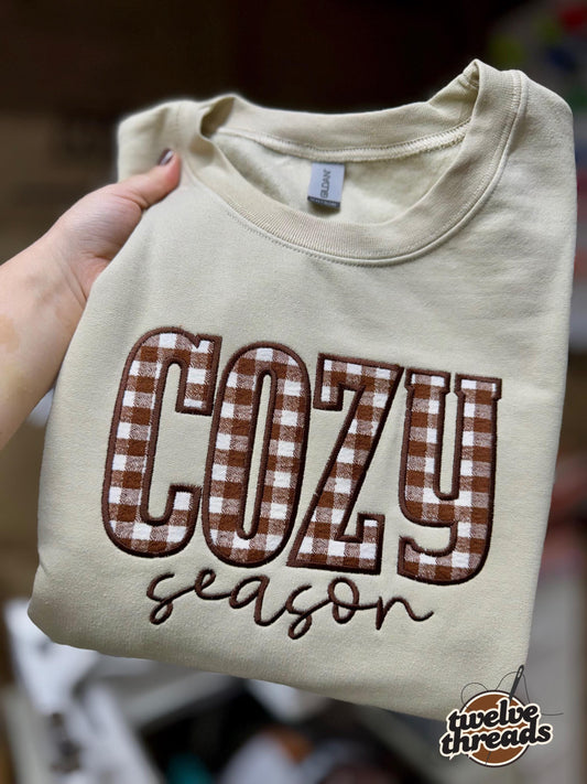 Cozy season - applique sweatshirt - embroidered design - embroidery - fall - autumn - holidays - cozy - plaid applique - applique-sweatshirt