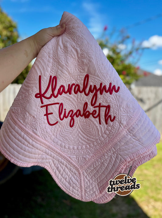 Embroidered custom name heirloom quilt with custom monogram, personalized baby blanket, baby girl quilt, embroidered custom heirloom blanket
