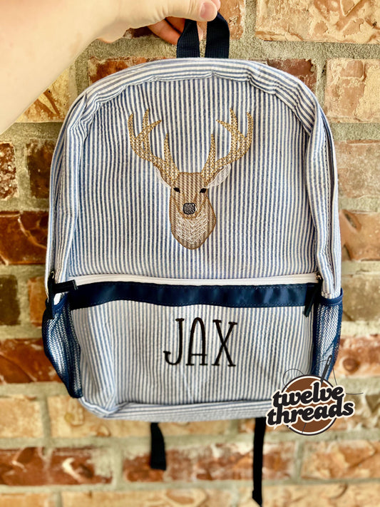 Embroidered Seersucker backpack - deer - deer season - kids backpack - diaper bag - adult backpack - embroidered backpack - embroidery