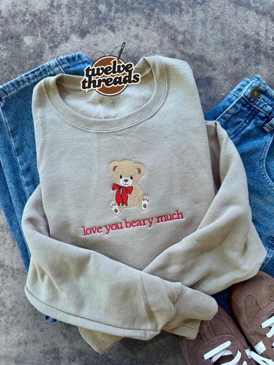 Love you beary much, teddy bear, embroidery, embroidered Valentine’s Day design, love coquette bow bear, embroidered onto crewneck and tee