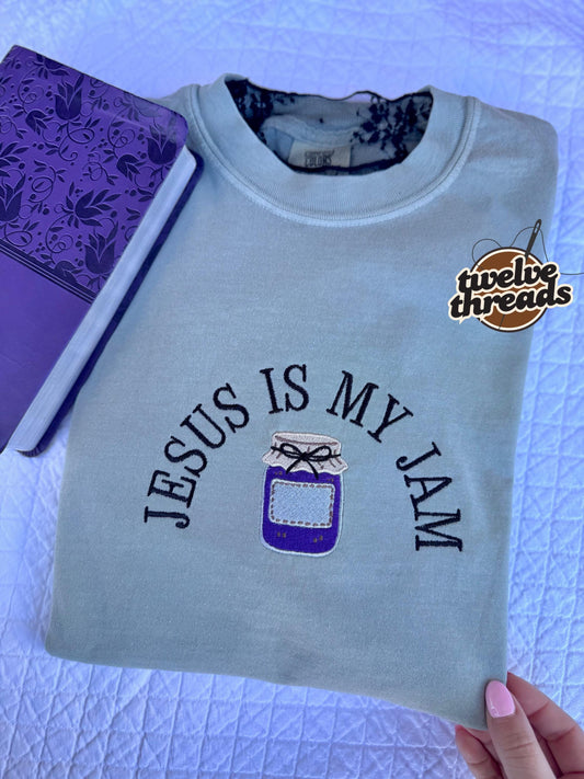 Jesus is my jam embroidered onto unisex fit comfort colors shirt, Gildan and Hanes crewneck, toddler, youth, gospel, faith, religious, Jesus